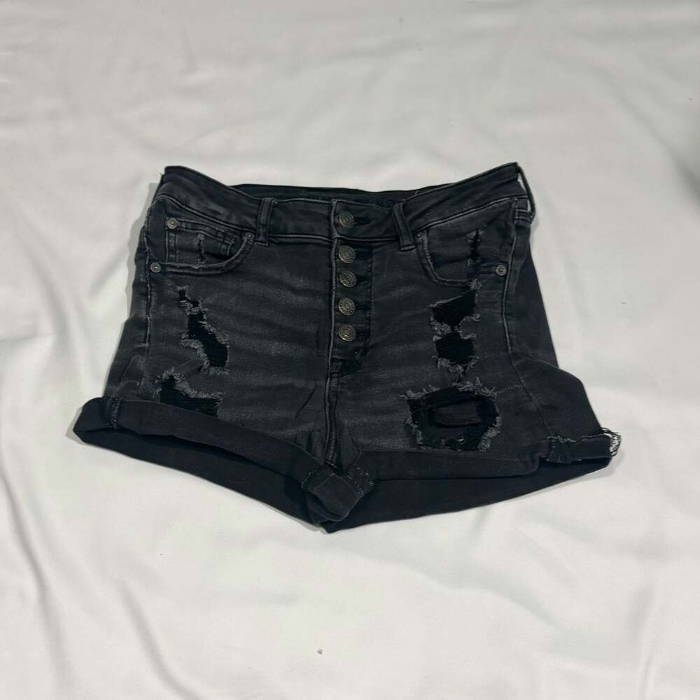 American Eagle Super Hi-Rise Next Level Stretch Black Distressed Button-Fly Shor - Picture 1 of 7